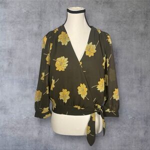 Madewell Effie Chiffon Floral Wrap Blouse Womens S Olive Green Tie Waist Spring